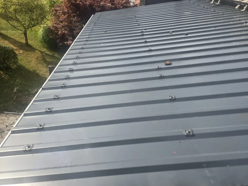 Fertig eingedecktes Trapezblechdach mit Blick auf den Garten
